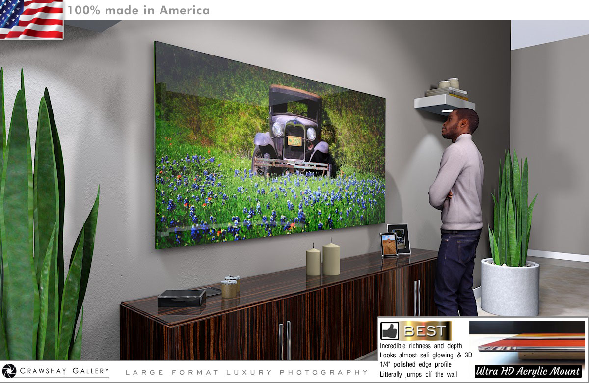 Face Mounted Acrylic Print of Texas Bluebonnets Vintage Ford