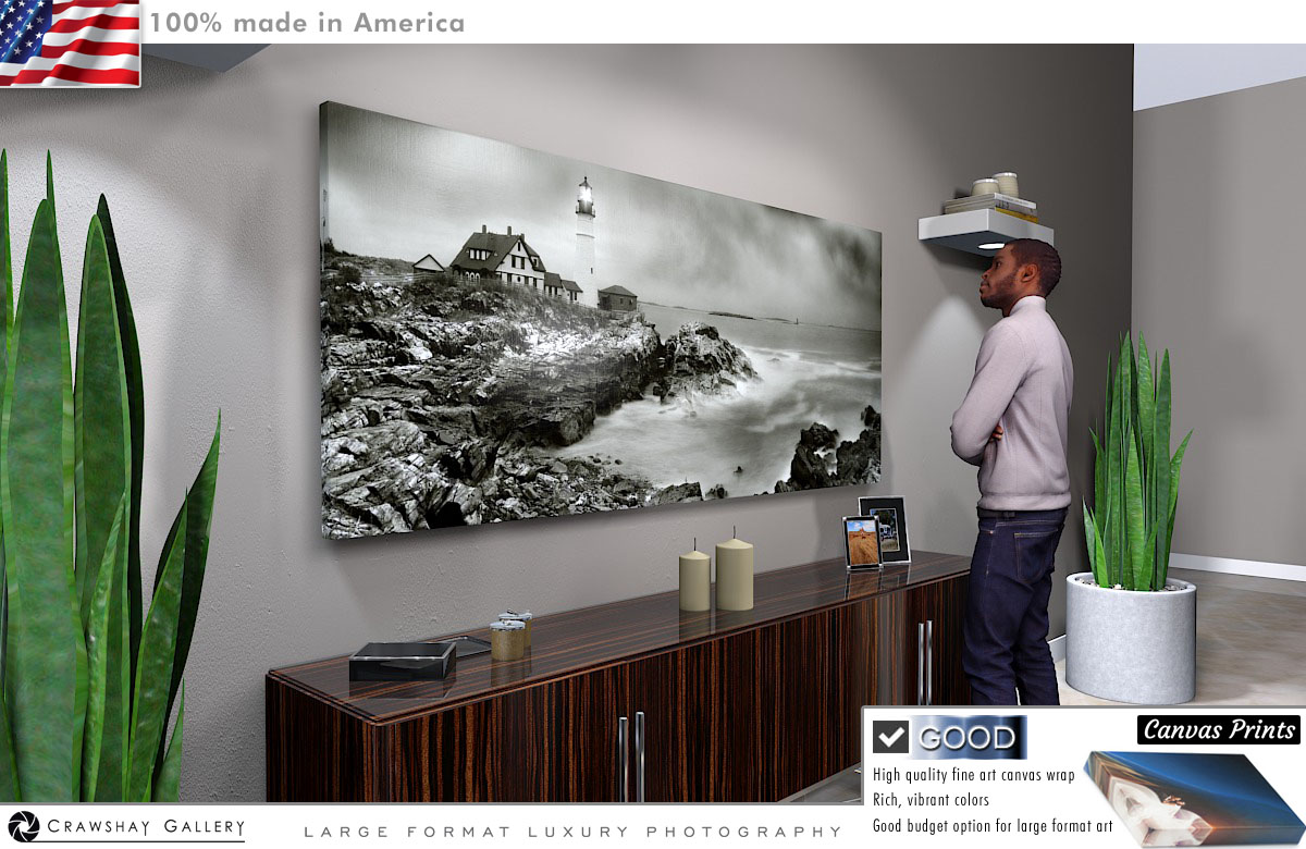 Canvas Print of Portland Head Lighthouse, Maine - Black and White