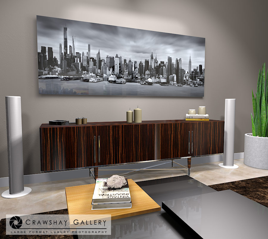 large format photograph of New York Skyline in Black and White depicted in room