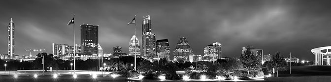 Flags Over Austin BW | BW City Skyline | Auditorium Shores Austin Texas